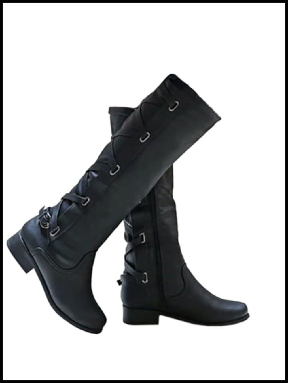 Syktkmx Womens Strappy Motorcycle Knee High Boots Winter Lace Up Riding Flat